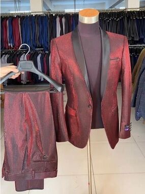 Men's Red Metallic Shawl Lapel Tuxedo Suit